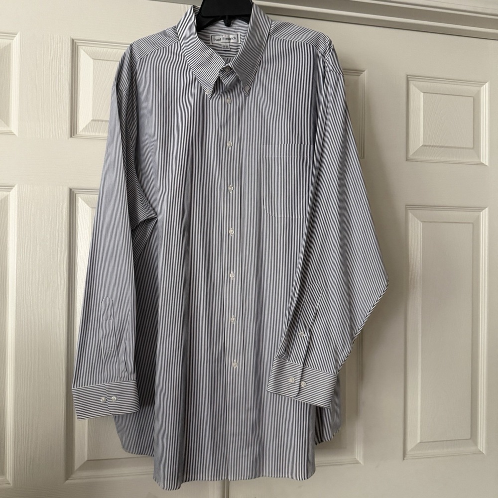 Paul Fredrick Button Down Shirt Sz 19 36/37 Striped Blue Cotton Long Sleeve